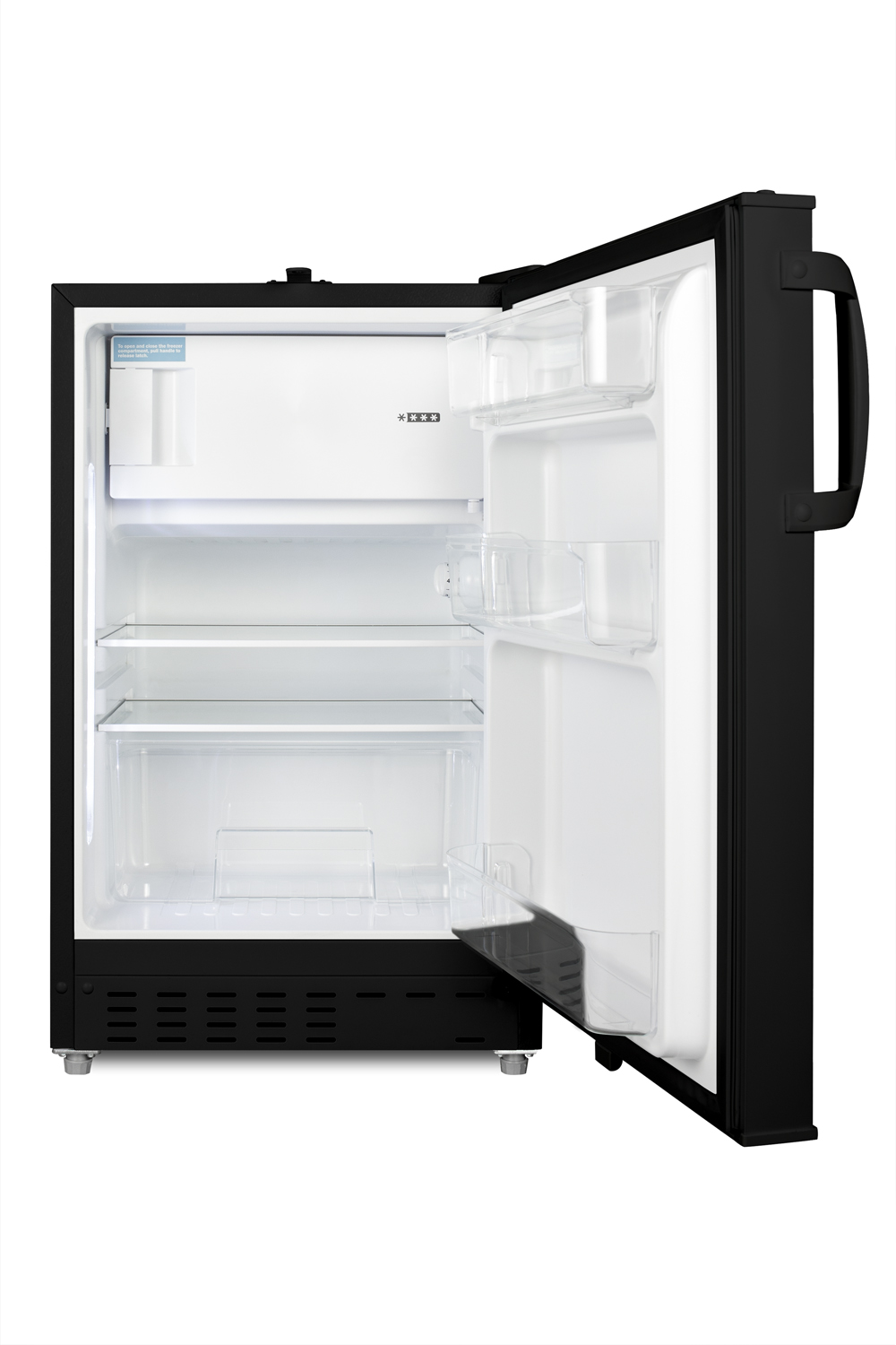 Built-in undercounter, ADA compliant refrigerator-freezer in black, designed for general purpose storage, manual defrost with glass shelves, front lock, and door storage